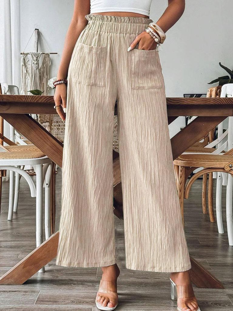 Women Solid Color Casual Straight-leg Pants Loose Elegant Elastic Waist Spring Autumn Pocket Trousers