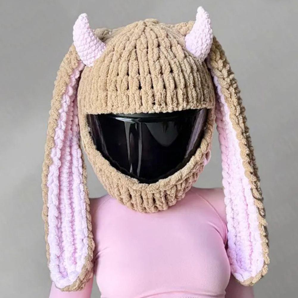 Winter Motorcycle Helmet Headgear Cover Trendy Devil's Horns Creative Cartoon Knitted Motocross Full-Face Protective Helmet Case