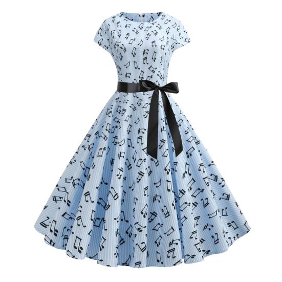 Rochie pentru femei, cu muzică, cu imprimeu, gât rotund, fundă, cu centură, talie strânsă, linie A, tiv mare, mâneci scurte, colorate, închidere cu fermoar în spate, rochie midi pentru doamnă