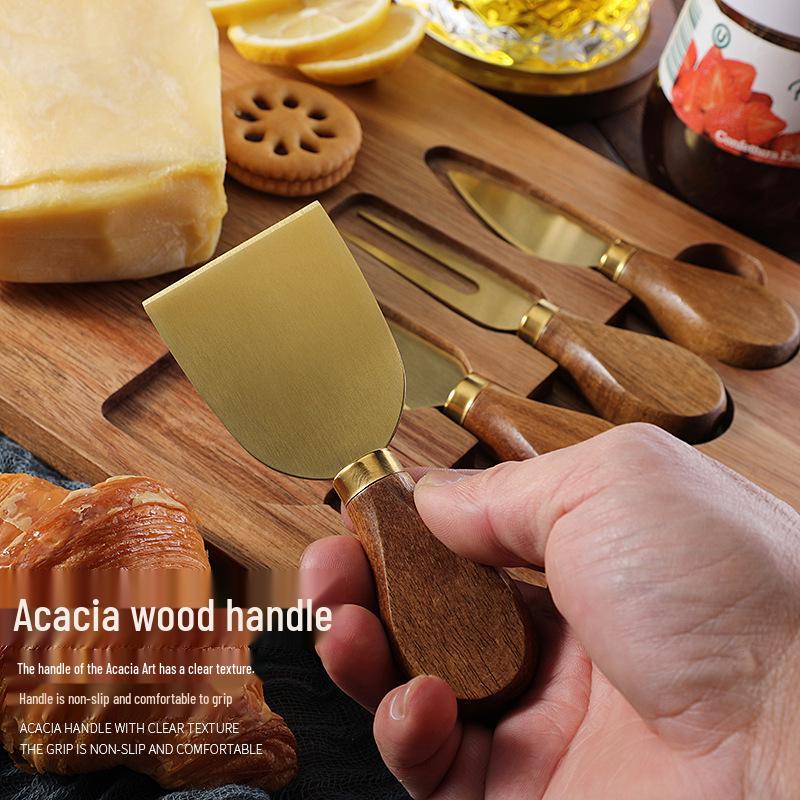 4-Piece Acacia Wood Cheese Board & Stainless Steel Knife Set