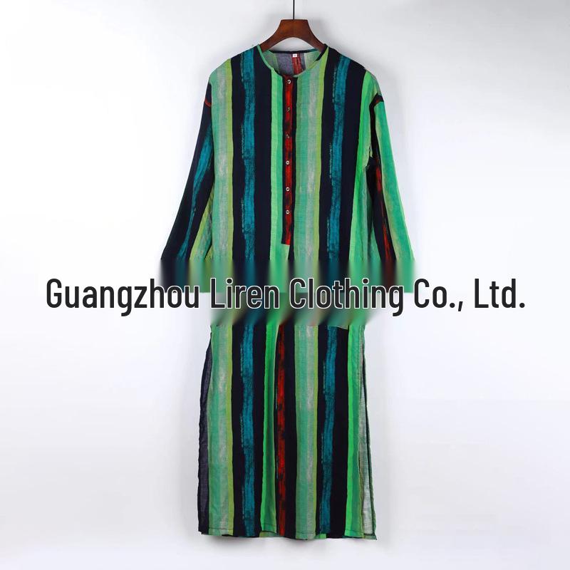 Men's Ethnic Striped Stand-Collar Long Sleeve Robe - Southeast Asian & Middle Eastern Style