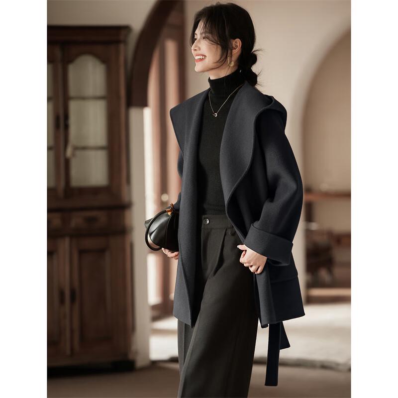 Women's Hand-Sewn Hooded Double-Faced Wool Blend Coat