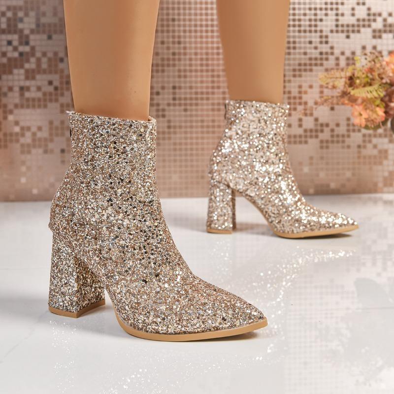 Fashion Full Diamond Block Heel Single Boots Women's Fashion Pointed Toe Rear Zipper Non-Slip Short Boots