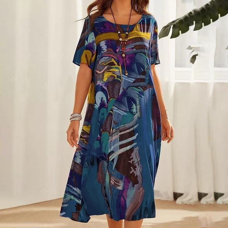 Casual Printed Dress Summer Short-sleeved Waist Round Neck Loose Beach Dress