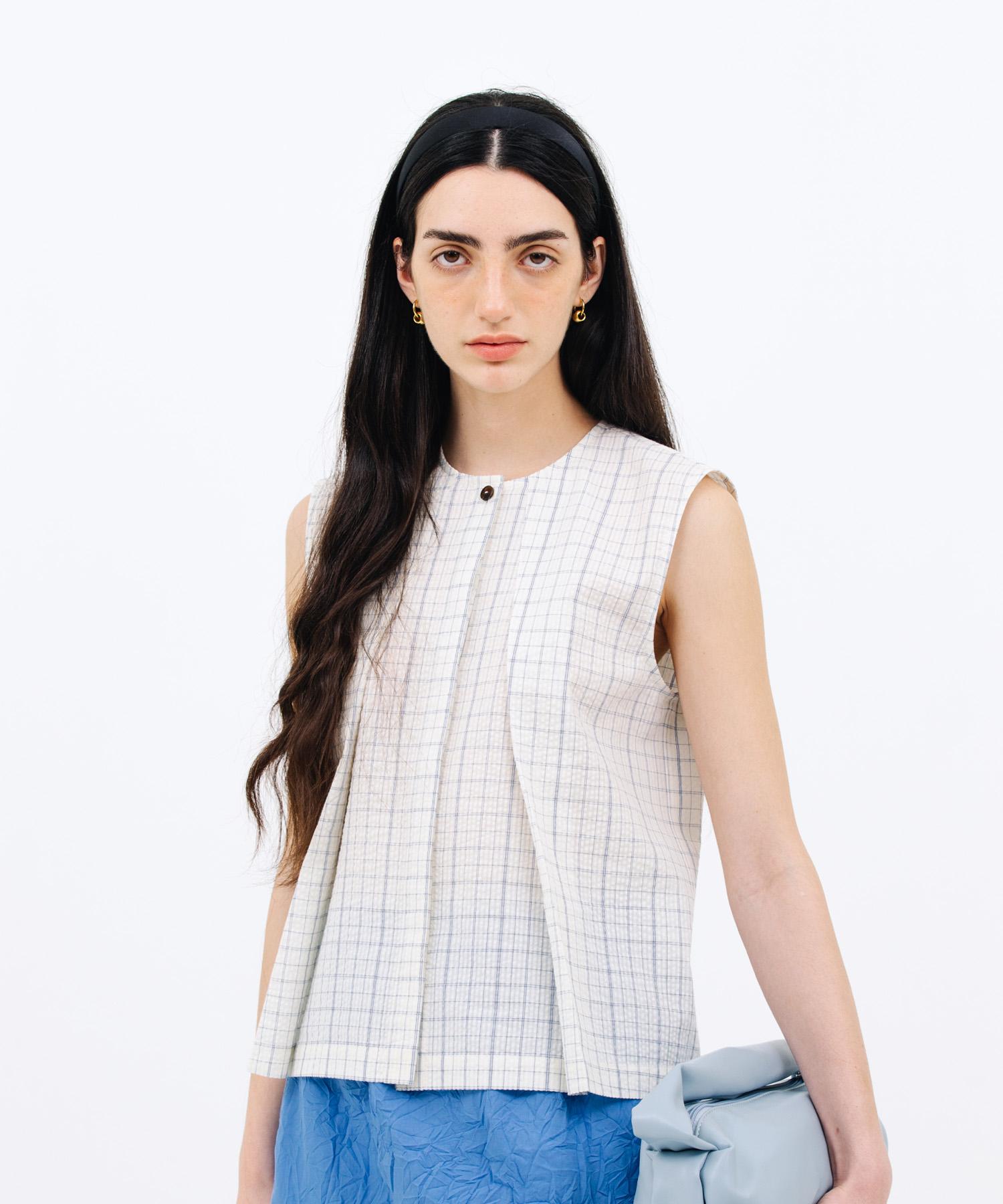Jun By Jun K Tuck Sleeveless Blouse_Check Blue F