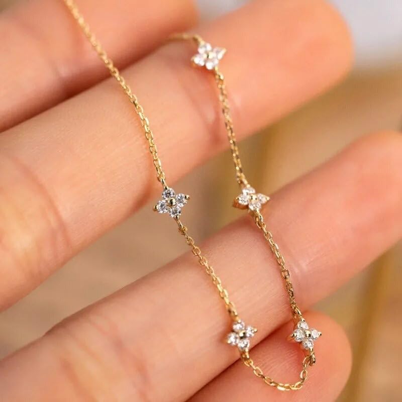 Emitame, Clover Motif CZ Diamond Bracelet, Four-Leaf Clover, S925 Sterling Silver, Gold Chain, Cute and Stylish, Women's Jewelry
