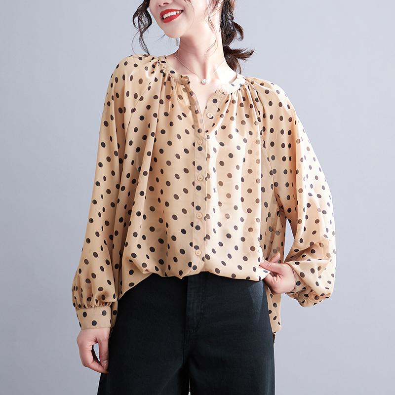

Удобная рубашка из шифона в горошек для женщин в начале лета, топ с длинными рукавами, модная женская одежда One size хаки