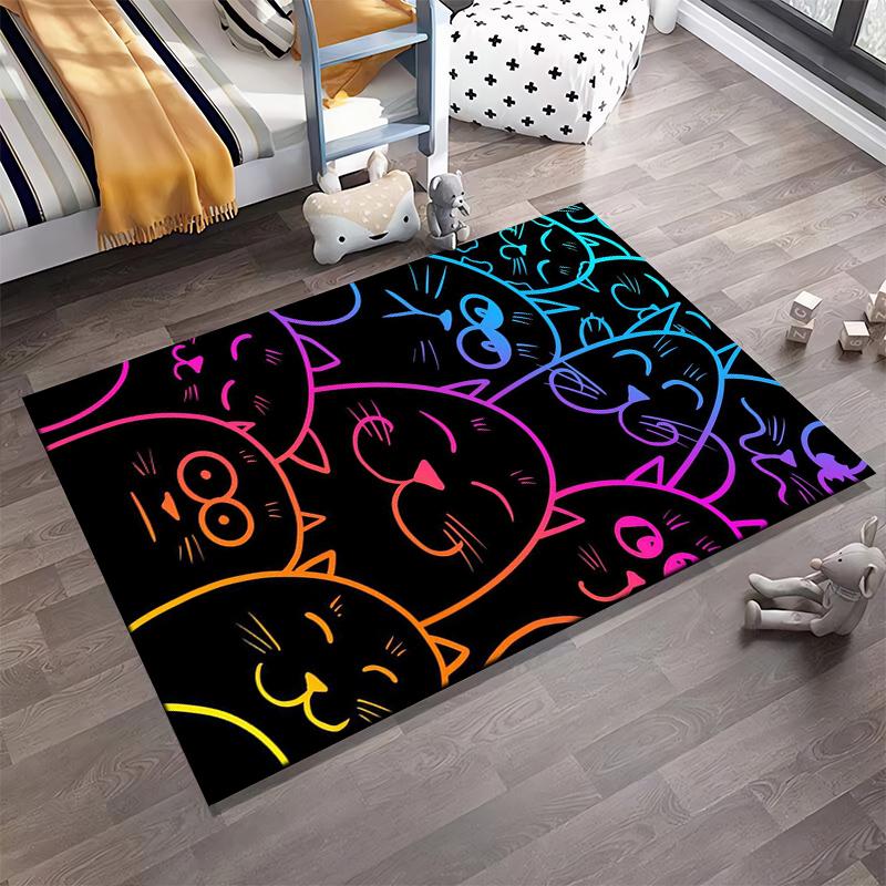 Colorful Neon Cats Pattern on Black Background Carpet1Cute Cartoon Cat Faces Design Suitable for use as an anti-slip1 for1room and bedroom sofas