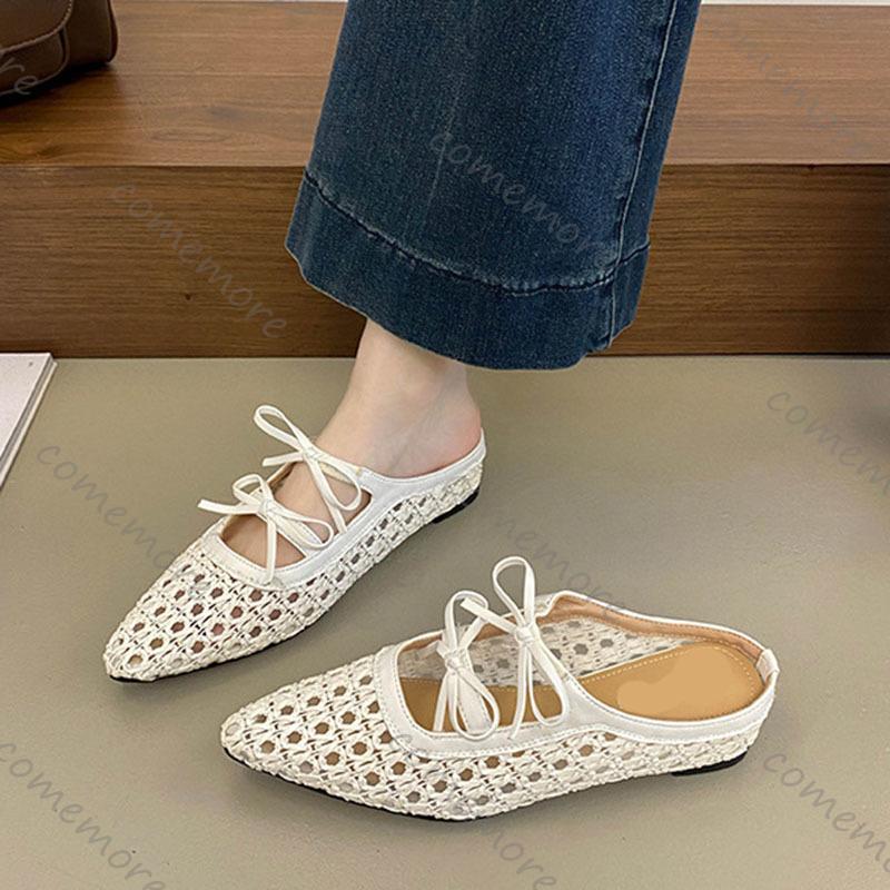 Comemore Women Weave Slippers Lace Up Middle Heel Sandals Casual Solid Woman Shoes Summer New Baotou Half Mules Shallow Slides