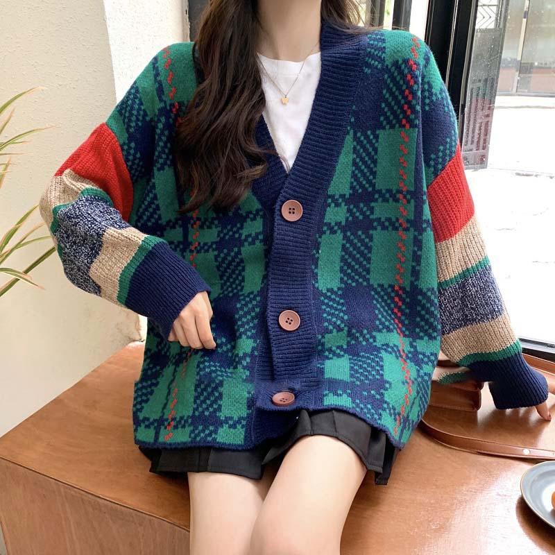 Autumn and Winter New Lazy Wind Contrasting Colors Knitted Cardigan Design Sense Loose and Thin Temperament Long-sleeved Sweater Women's Trend