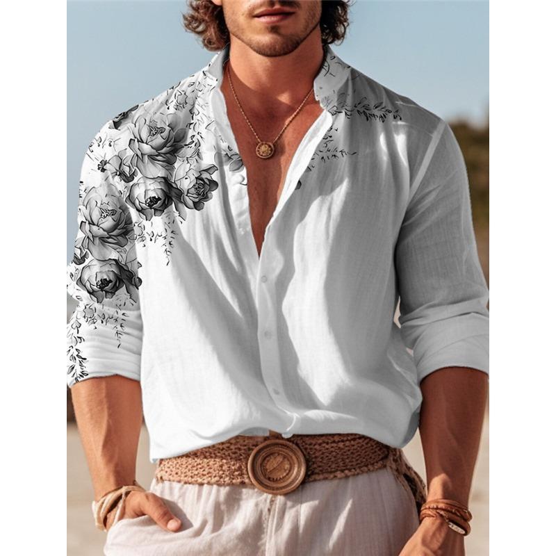Camicia Hawaiana Camicia Stampata Rosso Rosa Moda Uomo Camicia a Manica Lunga Camicia Bianca Abbigliamento Uomo