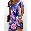 3D Colorful Butterfly Pattern Printed Dress Women's Summer Short Sleeve V-Neck Casual Vacation Dress