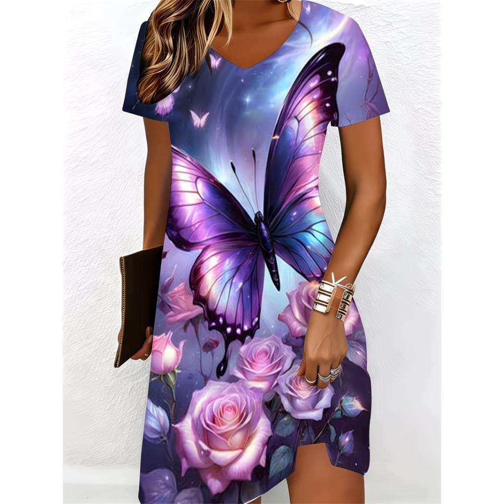 3D Colorful Butterfly Pattern Printed Dress Women's Summer Short Sleeve V-Neck Casual Vacation Dress