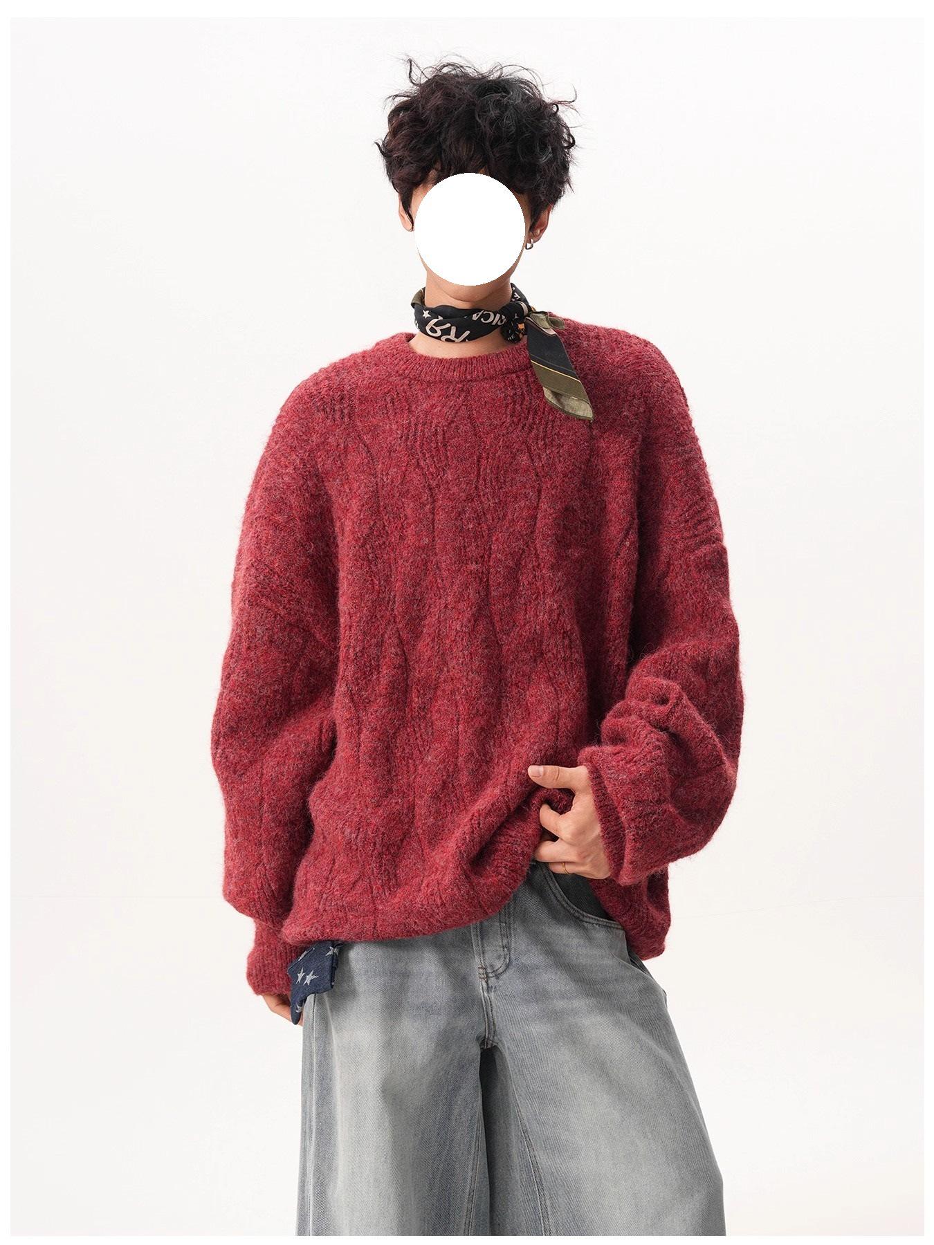 Unisex Retro Heavyweight Textured Crew Neck Sweater - Autumn/Winter Simple Loose Knit Pullover L