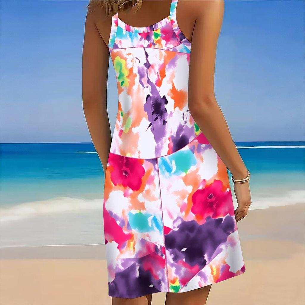 Damen Übergröße Ärmellos Rundhals Strandkleid Lebendiger Tropischer Pflanzenblumen-Print Unregelmäßiger Saum Locker Sommerkleid
