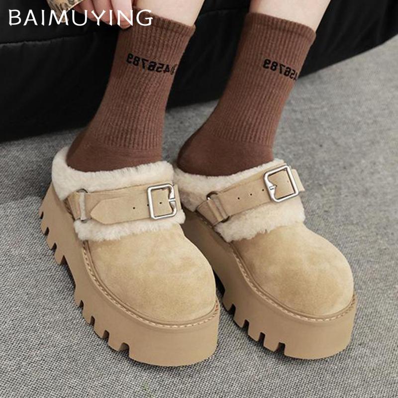 Fur Platform Women Cotton Slippers Suede Short Plush High Heels Mules Shoes 2025 Trend Warm Casual Buckle Winter Botas De Mujer