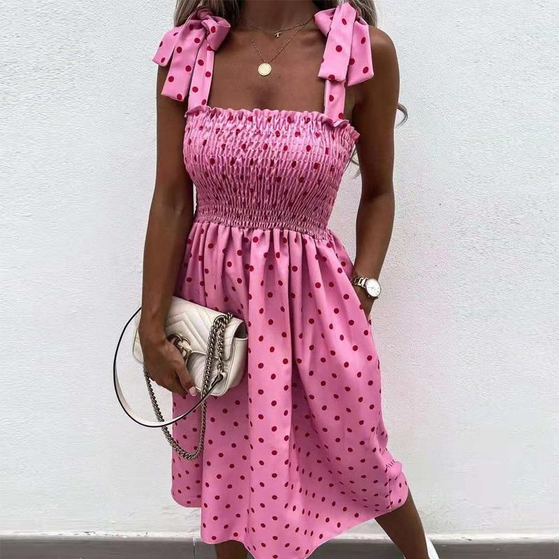 Sexy Off Shoulder Draped Sling Party Dress Women Spring Polka Dot Print A-Line Dress Summer Tie-up Bow Sleeveless Beach Dress