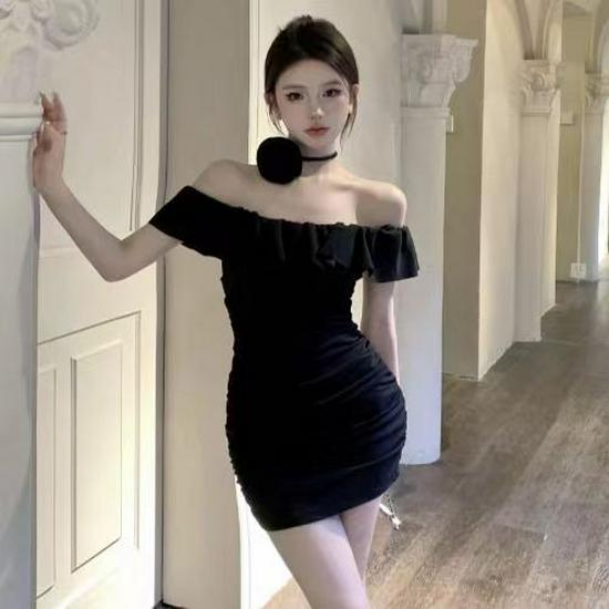 Elegant French One-Shoulder Ruffled Bodycon Dress
