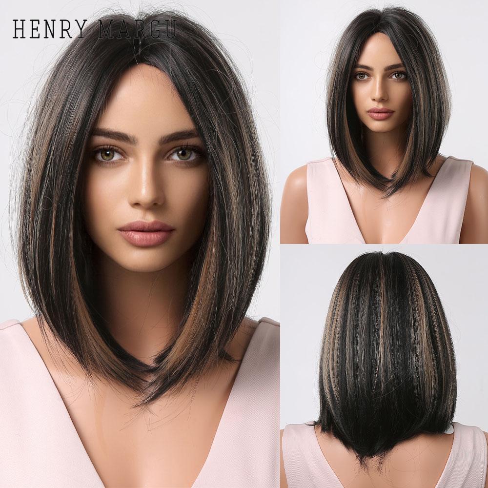 HENRY MARGU Short Bob Synthetic Wigs Ombre Black Brown White Natural Straight Wigs for Women Middle Part Daily Heat Resistant
