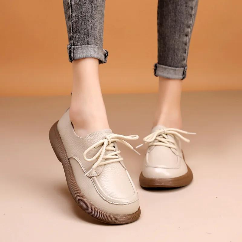 Spring New Women Shoes Genuine Leather Retro Loafers Soft Bottom British Comfortable Lace Up Anti Slip Casual Shoes 2025