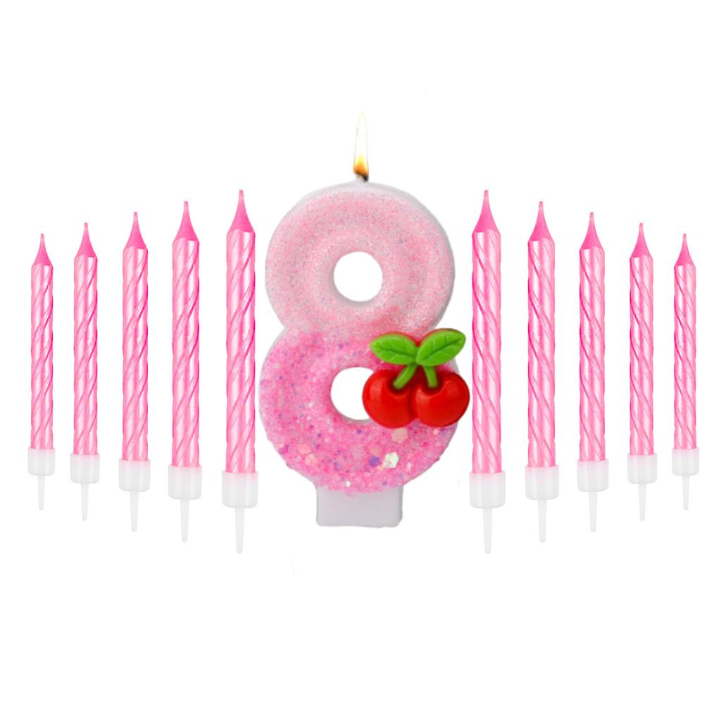 11pcs Cherry Birthday Number 0-9 Candles,Sequins Pink Cupcake Toppers Decorations for Women Girls Birthday Party Supplies Decors