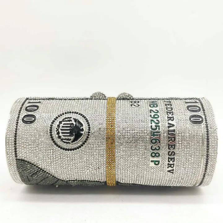 

Boutique De FGG Hand-Made Stack of Cash Round Women Crystal Evening Money Clutch Bags Diamond Minaudiere Party Handbags Purse Small Size
