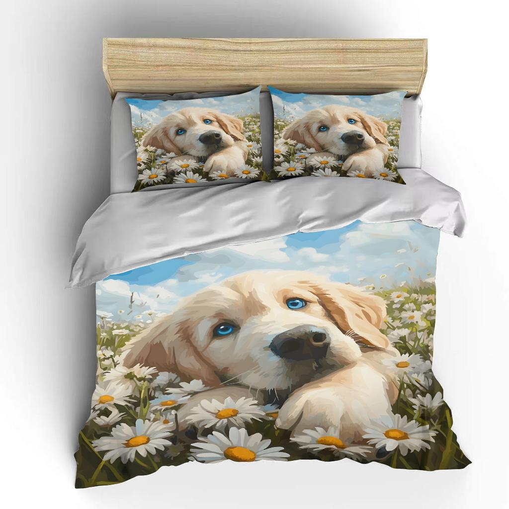Cute Puppy and Daisies Pattern Bedding Set for Kids Luxury Gift 3pcs Digital Print Comforter Set Soft Comfortable Breathable
