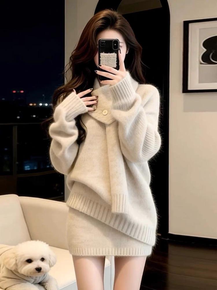 2026 Autumn/Winter Wool Suit: Elegant Two-Piece Set with Sweater and Short Skirt for Women