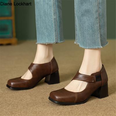 Moda Nowe Platformy Obcasy Kwadratowy Nosek But Damski Grube Obcasy Czółenka Retro Mary Jane Najnowsze Płytkie Bordowe Klockowe Słodki But Damski