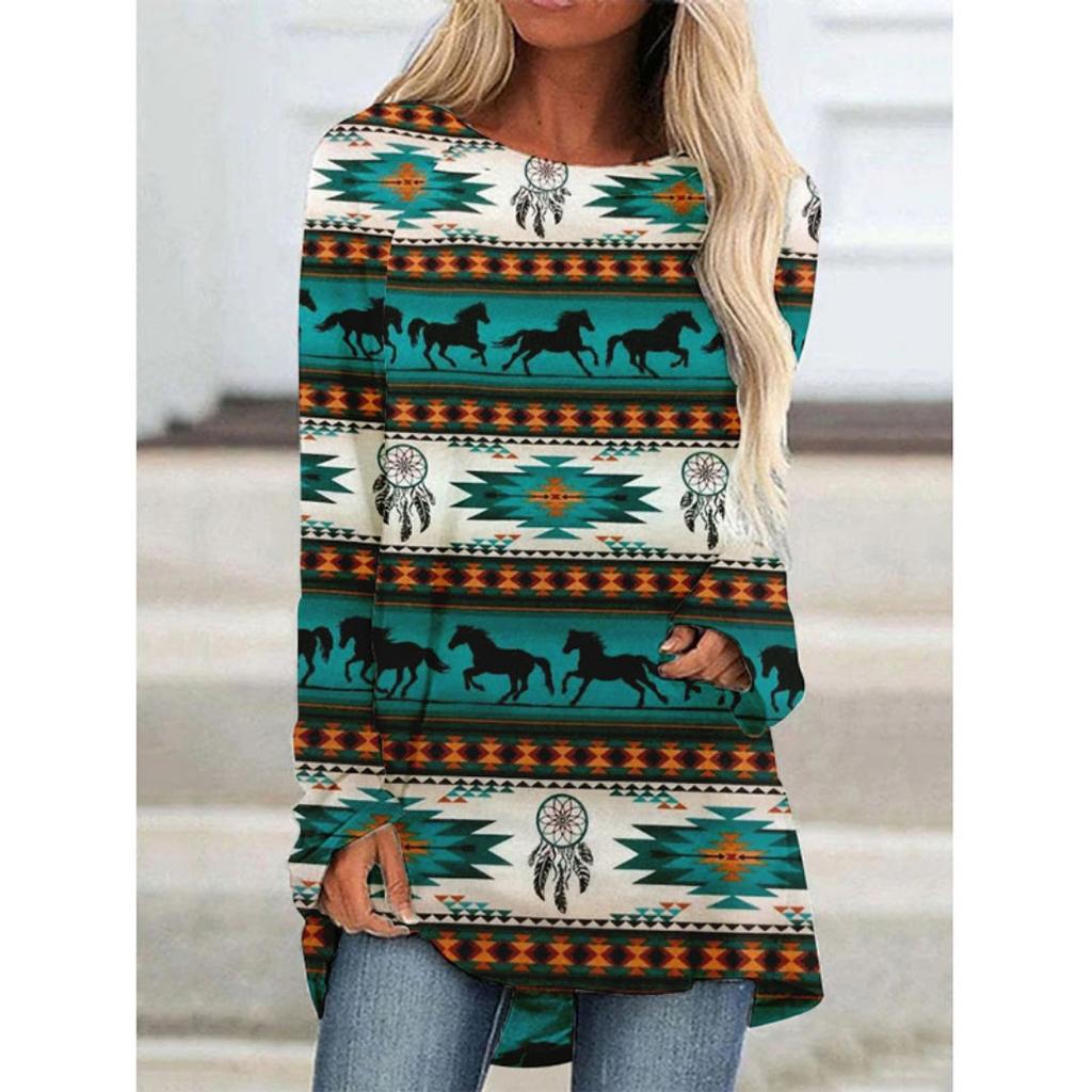 Western Aztec Ethnic 3D Print Langermede T-skjorter Bohemian Women Vintage Fashion T-skjorte Oversized Streetwear T-skjorter for kvinner Topper