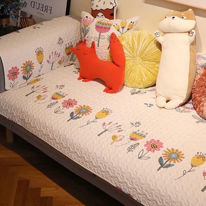 Four Season Universal Cartoon White Non-slip Sofa Covers for Living Room Cushion Couch Embroidery Soft Fabric
