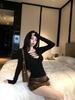 Spicy V-Neck Long-Sleeve Velvet T-Shirt Women's Slim Fit Cinched Waist Base Layer Black Top