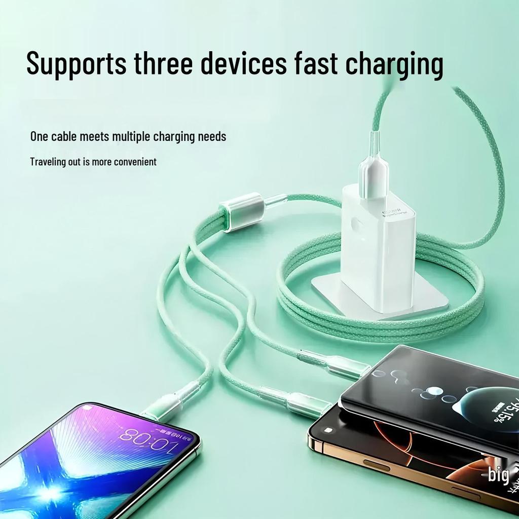 Crystal Gradient Braided Three-in-One Charging Cable for Huawei, Apple, and Android.