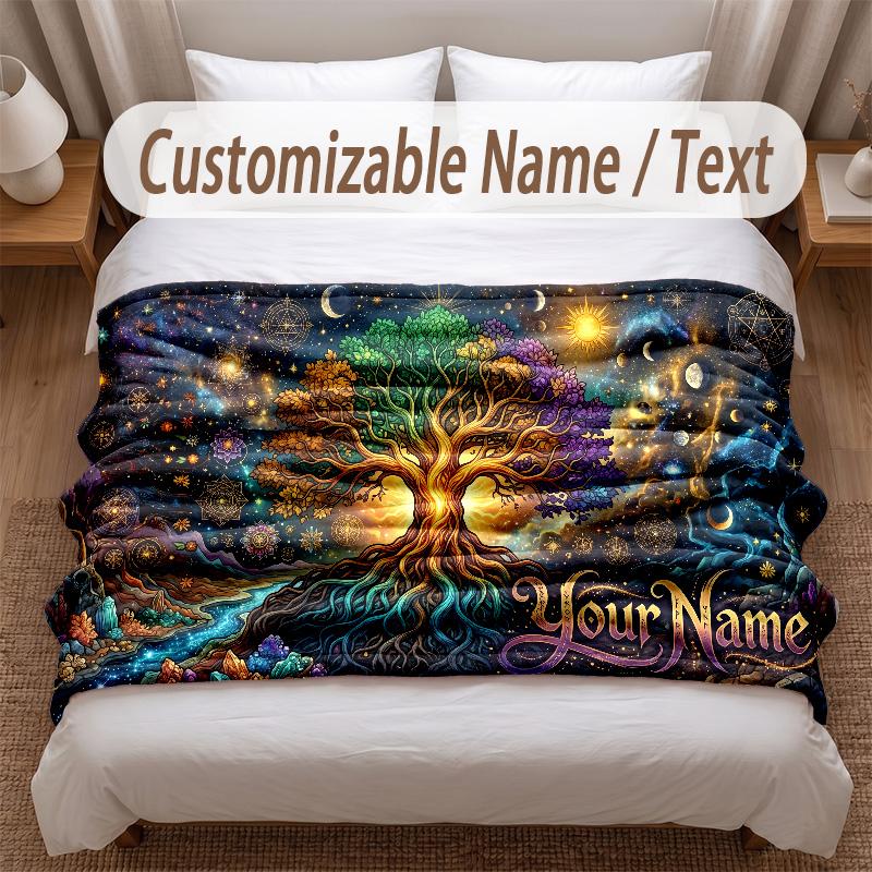 Tree of Life Theme Soft Blanket Personalized Custom Name Text Print Warm Blanket Home Sofa Bedroom Decor