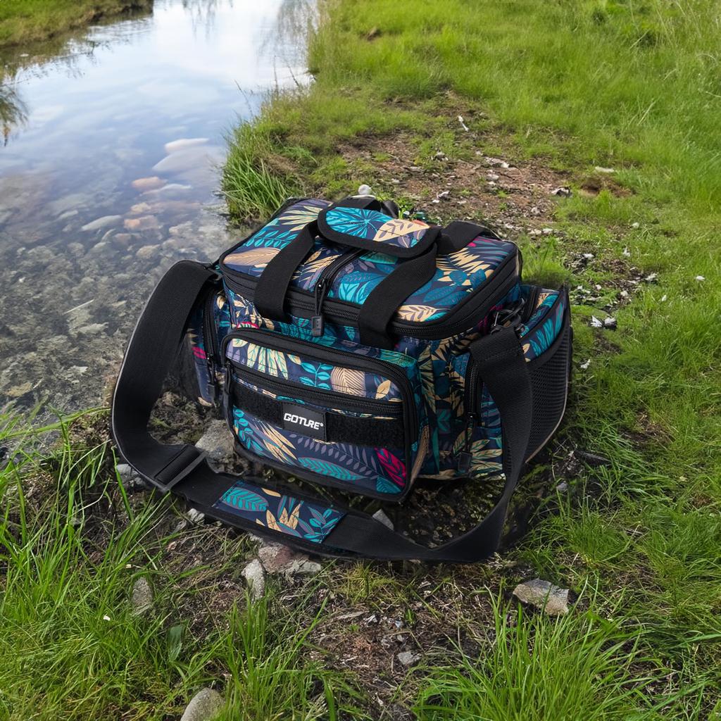 Goture Fishing Fishing Bag with Rod Waterproof Tackle Shoulder Multifunctional Fishing Large Fishing Gear Storage Leaf for Hiking and Outdoor