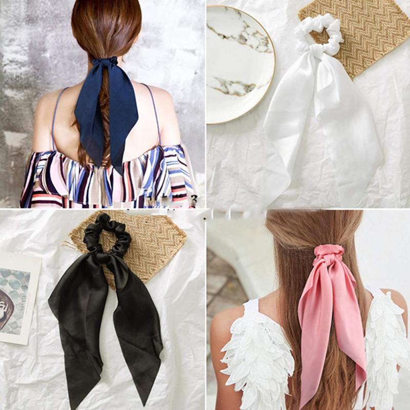 28cm Long Ribbon Satin Scrunchies Solid Color Fashion Bow Ponytail  Hair Ties Women Girls Elastic Hair Bands Headwear Accessory