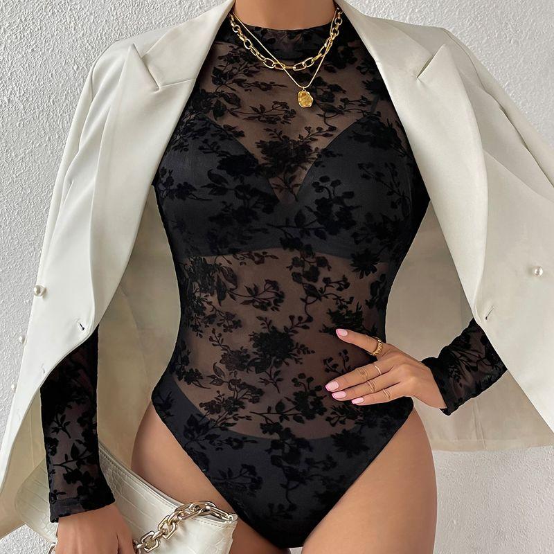 INS Fashion Wind Lace Mesh See-through Flocked Printed Sexy Slim-Fit Graceful Long Sleeve Base Bodysuit Inner Wear