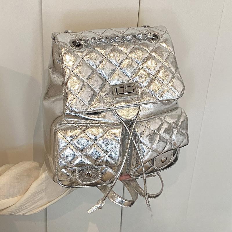 IELGY Women's Temperament Rhombus Backpack, Silver Chain Backpack