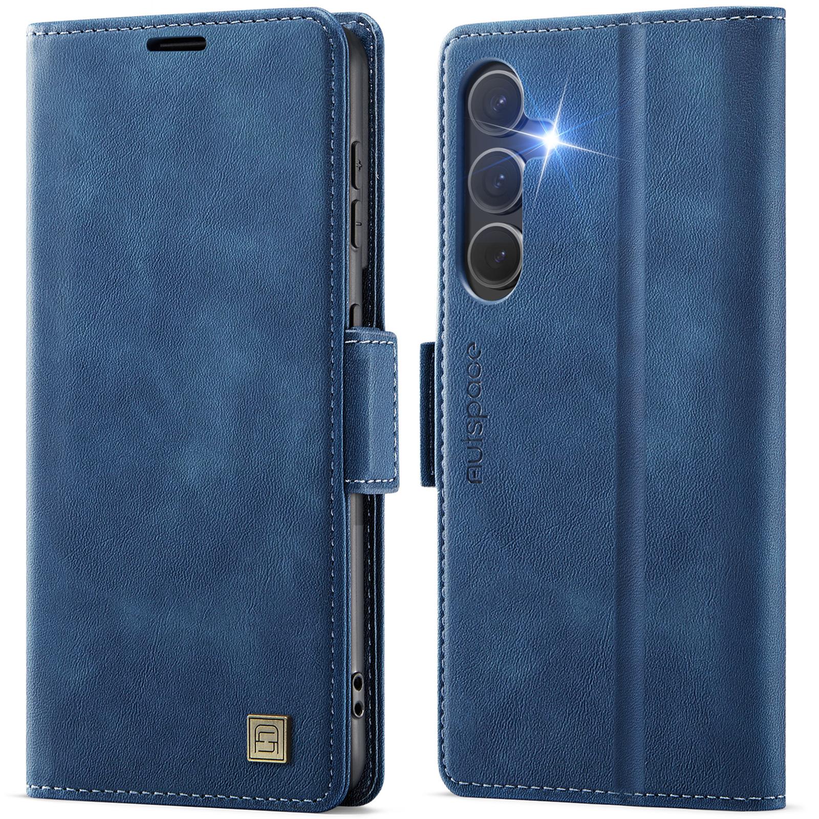 

For Samsung Galaxy S24 Case AUTSPACE A11 RFID Blocking Retro Leather Cell Phone Wallet Cover Blue