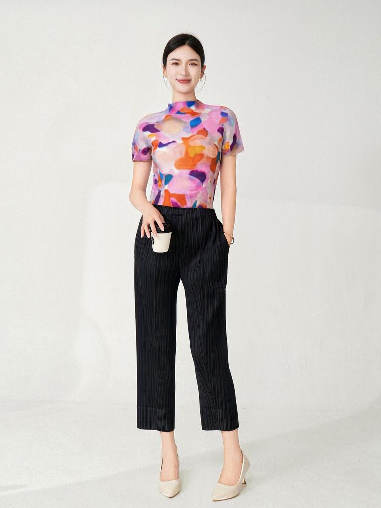 Miyake Stil Plissee Druck Slim Fit Kurzarm Damen Sommer T-Shirt