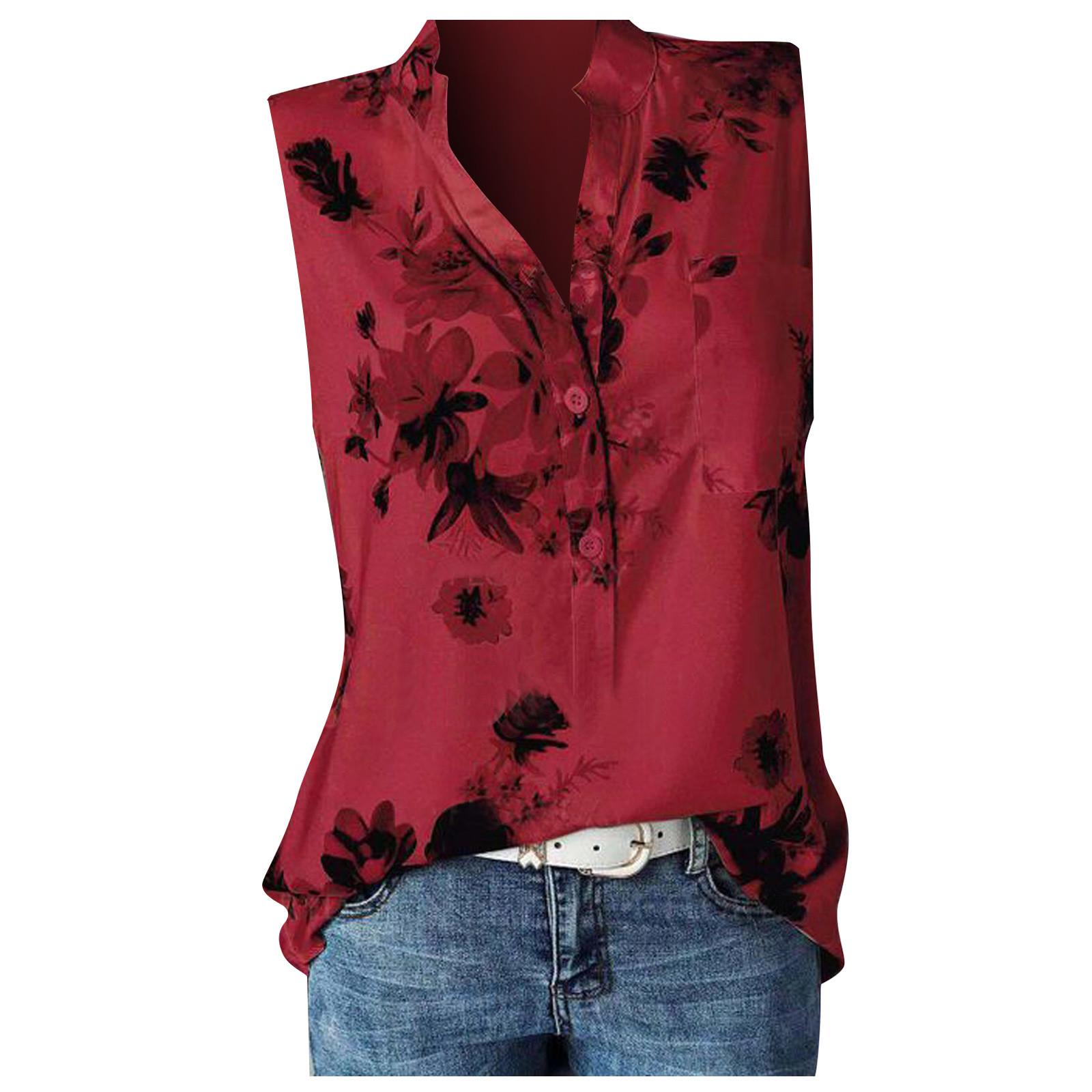 

(SU)Women Fashion Casual V Neck Tops Printed Sleeveless Shirts Pullover T Shirts