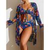 Costume da bagno a tre pezzi con stampa europea e americana: Copricostume Bikini a Maniche Lunghe, Stile Sexy per le Vacanze