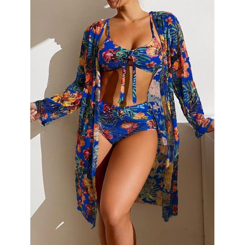 Costume da bagno a tre pezzi con stampa europea e americana: Copricostume Bikini a Maniche Lunghe, Stile Sexy per le Vacanze