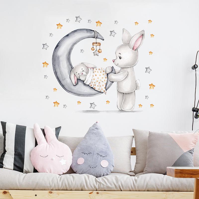 Sleeping Baby Bunny in Moon Cradle Wall Stickers, Cute Cartoon Self-Adhesive Decor for Kids Room Kindergarten Decoration