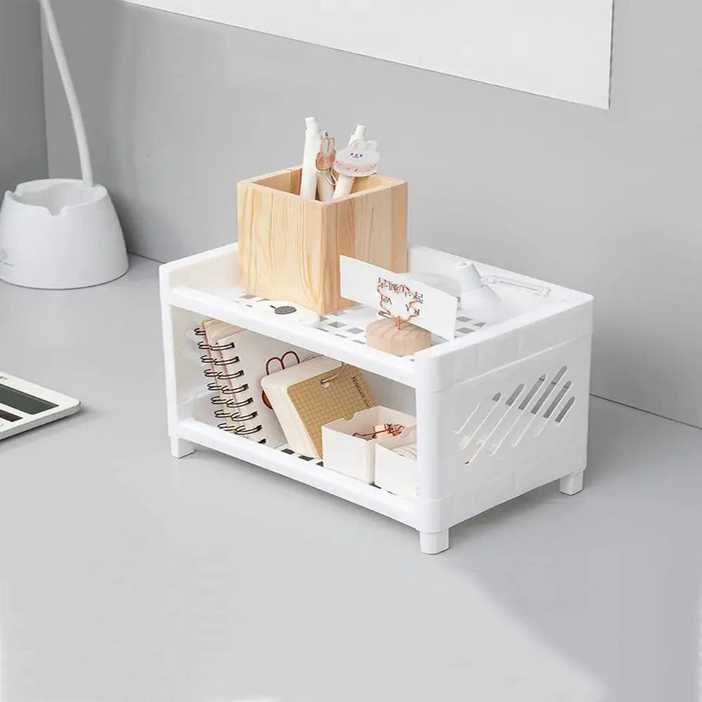 1PC PP Desktop Double Layer Storage Rack Rectangular White Organizing Student Desk Office Cosmetics Stationery Drawer Organiser