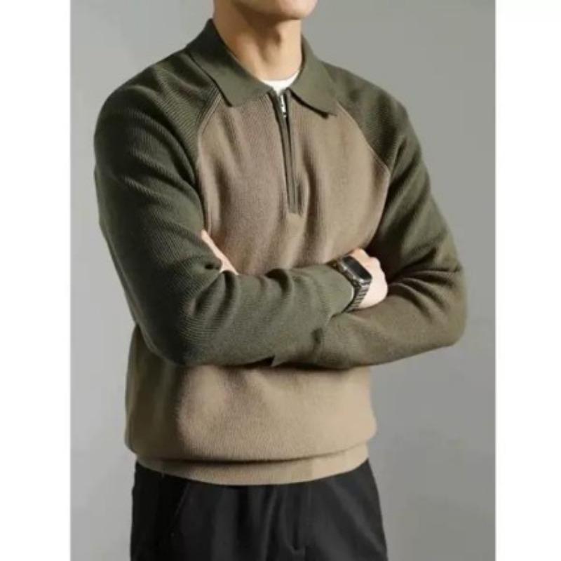 Men S Polo Collar Color Block Knit Sweater Half Zip Casual Spring Autumn