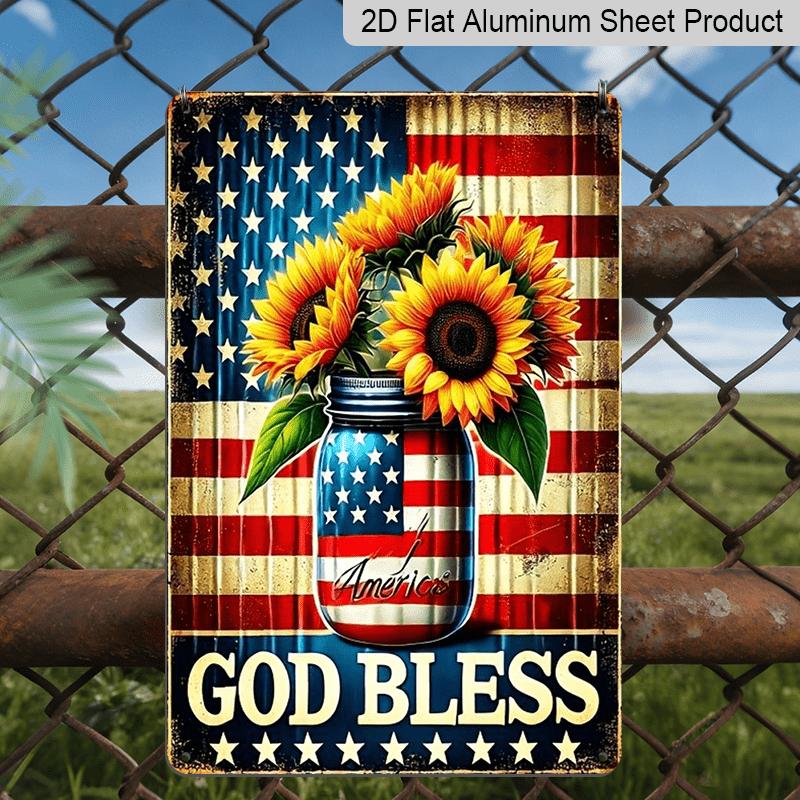 2D Flat 1pc Vintage American Flag & Sunflowers Metal Wall Decor - Rustic Farmhouse Decoration with GOD BLESS Mason Jar - Distressed Vintage Look