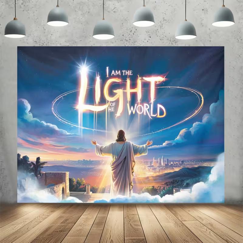 2D Sacred Christian Quote Tapestry, Jesus Light Of The World Backdrop for Home & Church 47.2x31.5inch/120*80cm