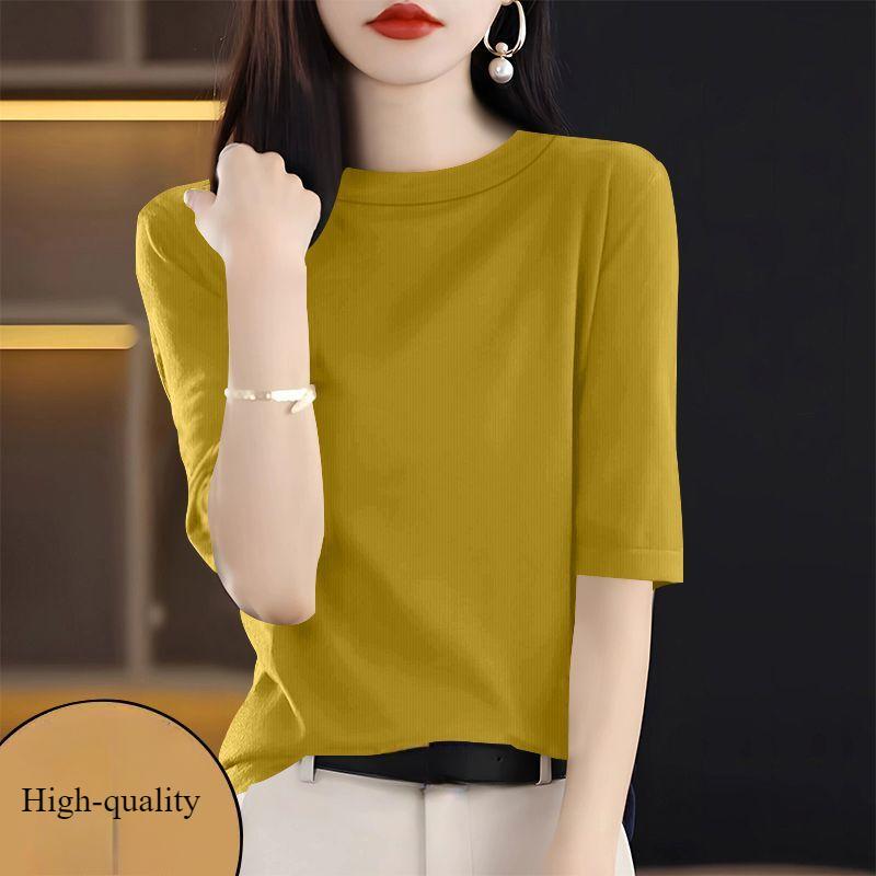 Summer Women's Threaded T-shirt  Slim Simple High-stretch T-shirt Solid Color Round Neck Half-sleeved Knit T-shirt