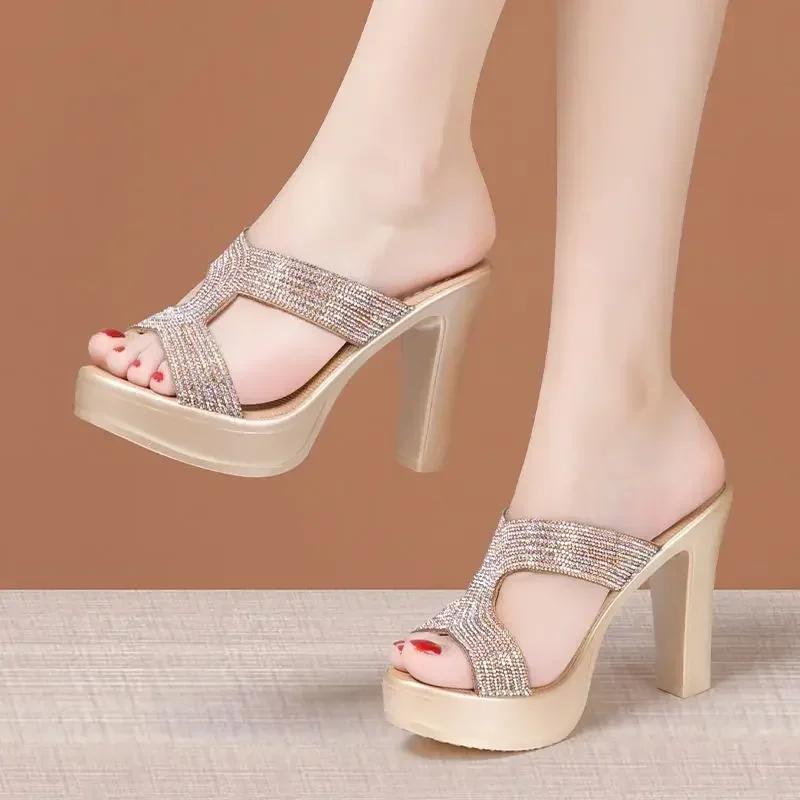 

Small Size 32-43 Gold Rhinestone Wedding Shoes Women s Platform Slippers Summer 2025 Block High Heels Slides Office Model Party 43 золотий